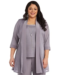 R & M Richards Plus 3-Pc. Metallic Jacket, Necklace Top Pants Set
