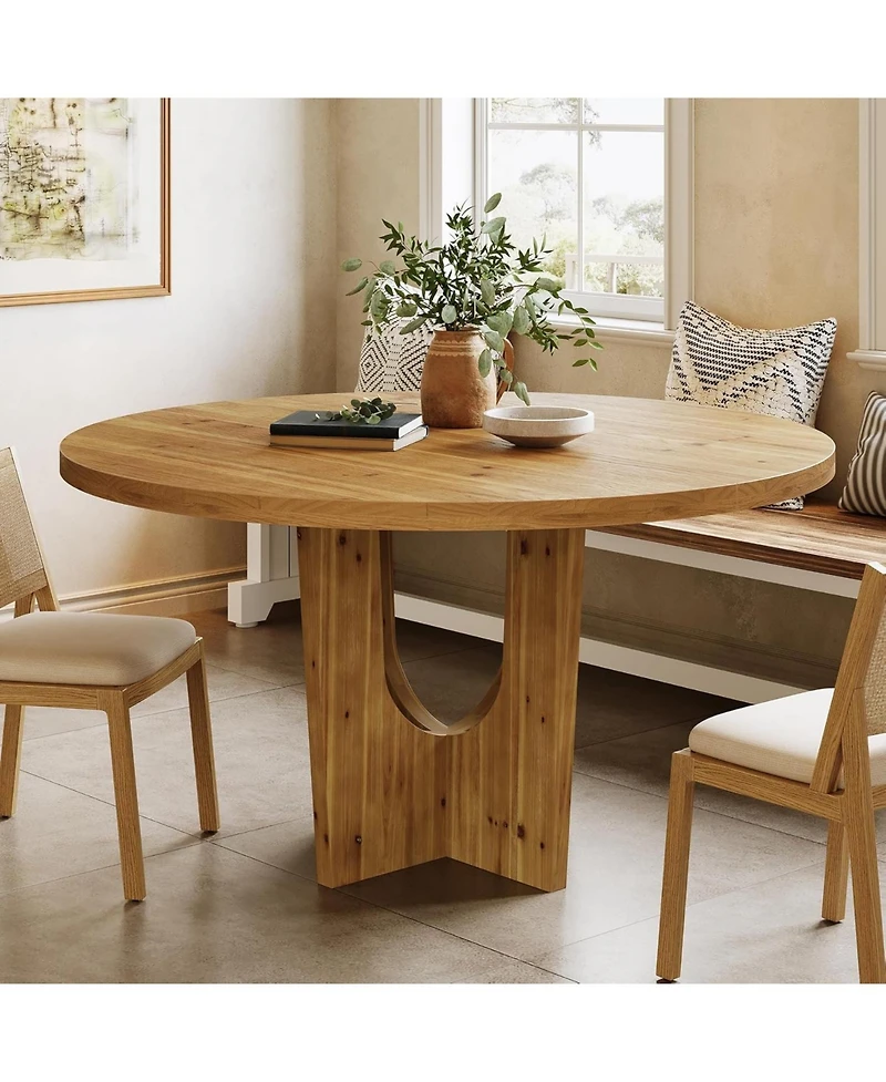Tribesigns Solid Wood Round Dining Table, 47.2" Farmhouse Kitchen Table for 4-6 People, Kitchen, Living Room, Brown