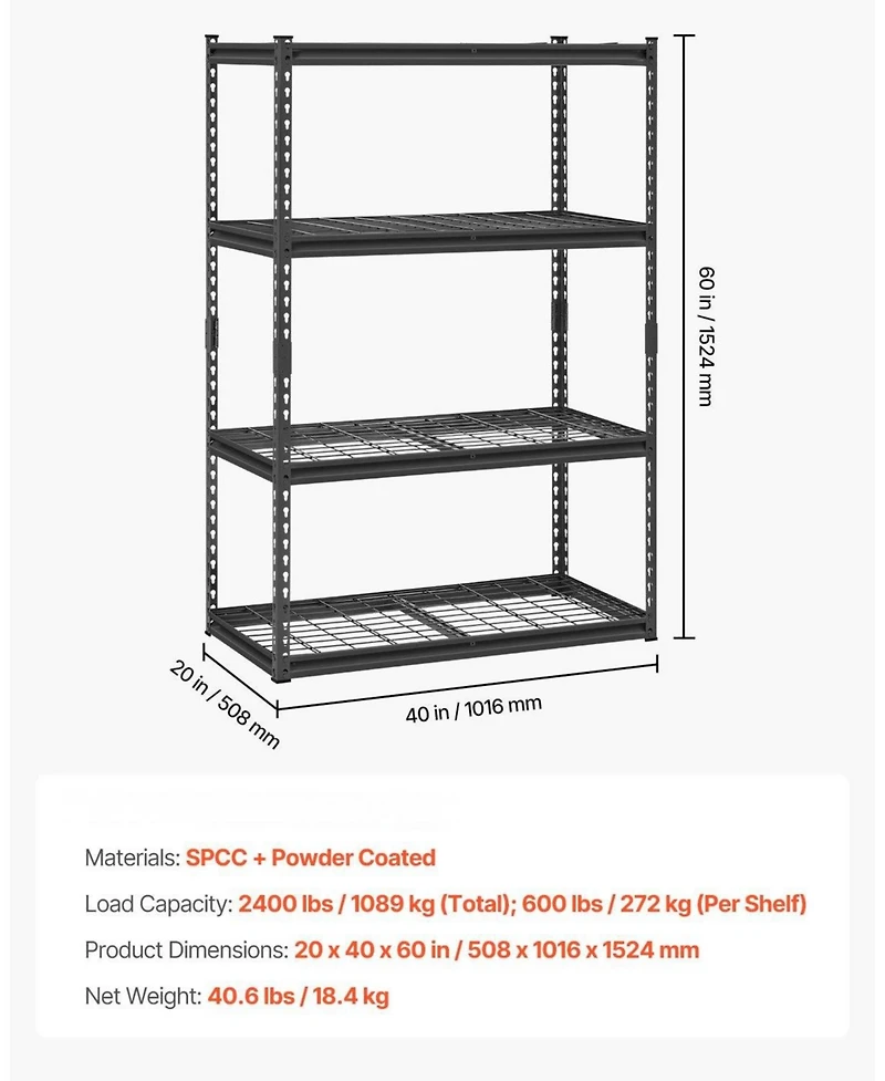 Mecale 4-Tier Storage Shelves, 2400-Lb Capacity, Adjustable Heavy-Duty Utility Rack