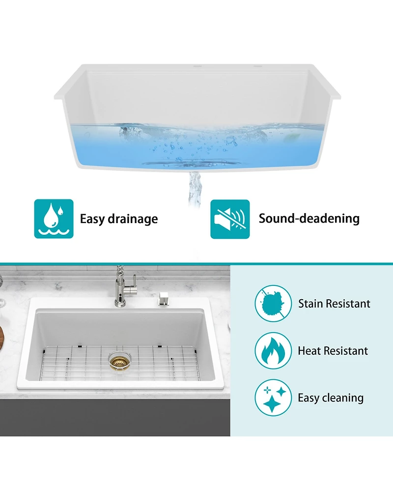 flynama 33x22x9.65inch White Quartz Composite Kitchen Sink Workstation Drop In Granite