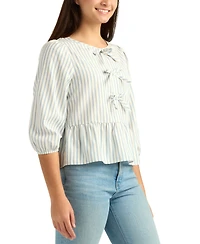 Bcx Juniors' Striped Puff-Sleeve Crewneck Peplum Top