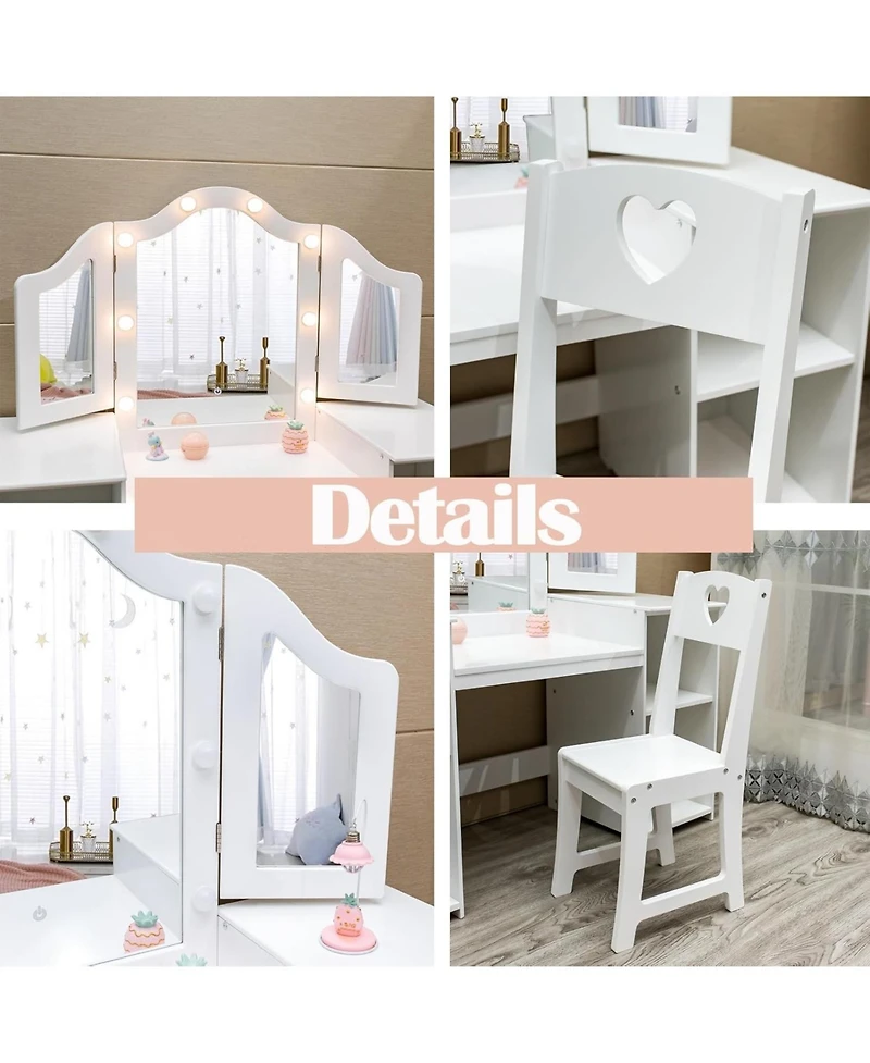 gaomon Kids Vanity with Lights,2 in 1 Princess Makeup Desk & Chair Set, Lighted Mirror, Storage Shelves & Cabinet