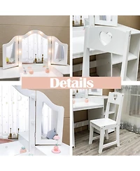 gaomon Kids Vanity with Lights,2 in 1 Princess Makeup Desk & Chair Set, Lighted Mirror, Storage Shelves & Cabinet