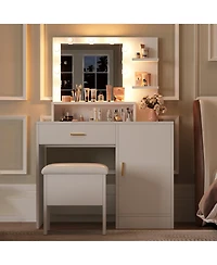 gaomon Vanity Desk with Mirror and Light Bulbs, Makeup Table with Open Shelves and Drawers