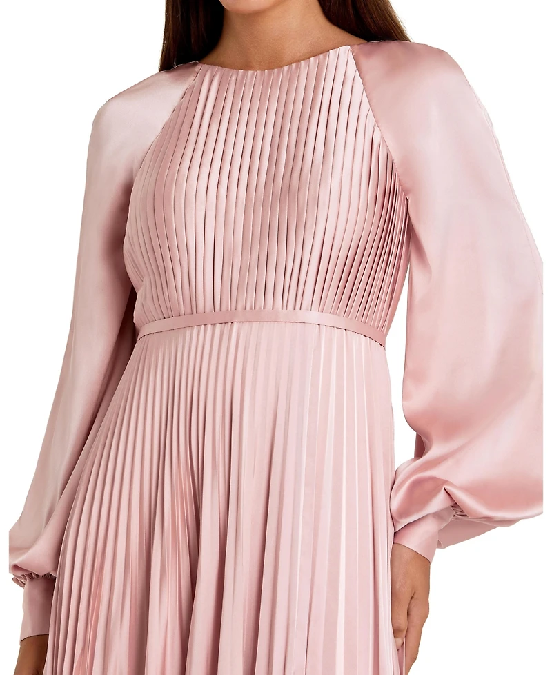 Mac Duggal Women's Petite Long Sleeve Pleated High Neck Gown With Slit Dress