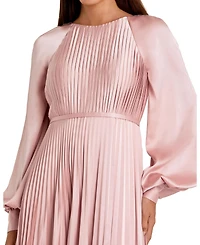 Mac Duggal Women's Petite Long Sleeve Pleated High Neck Gown With Slit Dress