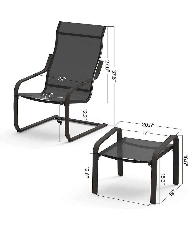 Flynama Outdoor Patio Bistro Set of 2, C Spring Motion Chair, All-Weather Conversation Armchair with Ottoman & Quick Dry Textile