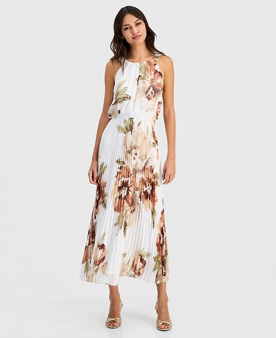 Robbie Bee Women's Pleated Floral Print Maxi Dress