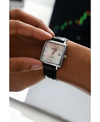 Peugeot Men's 35mm Silver Plated Square Watch with Black leather Strap