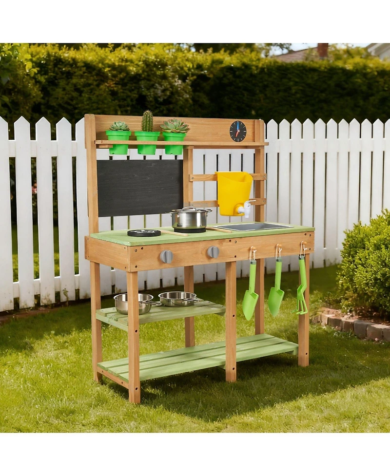 Mecale Kids Outdoor Mud Kitchen, Wooden Play Kitchen with Stove, Tank & Sink, Shovels, Spatulas, Box, Cookware Pots & Accessories