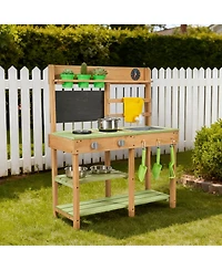 Mecale Kids Outdoor Mud Kitchen, Wooden Play Kitchen with Stove, Tank & Sink, Shovels, Spatulas, Box, Cookware Pots & Accessories