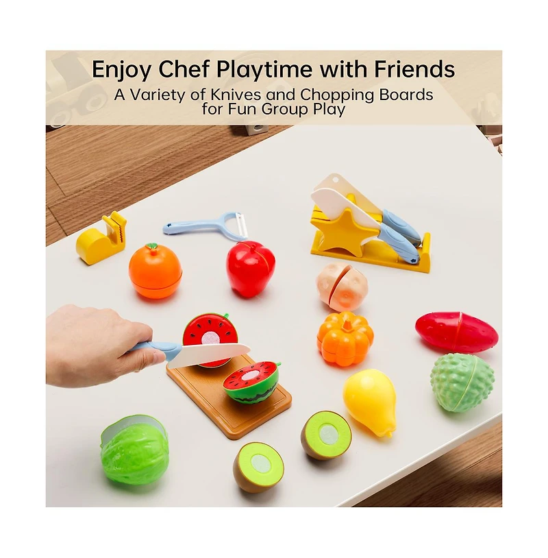 Bruce & Shark 21-Piece Kids Cutting Play Food Set, Pretend Fruit & Vegetable Toy for Early Learning
