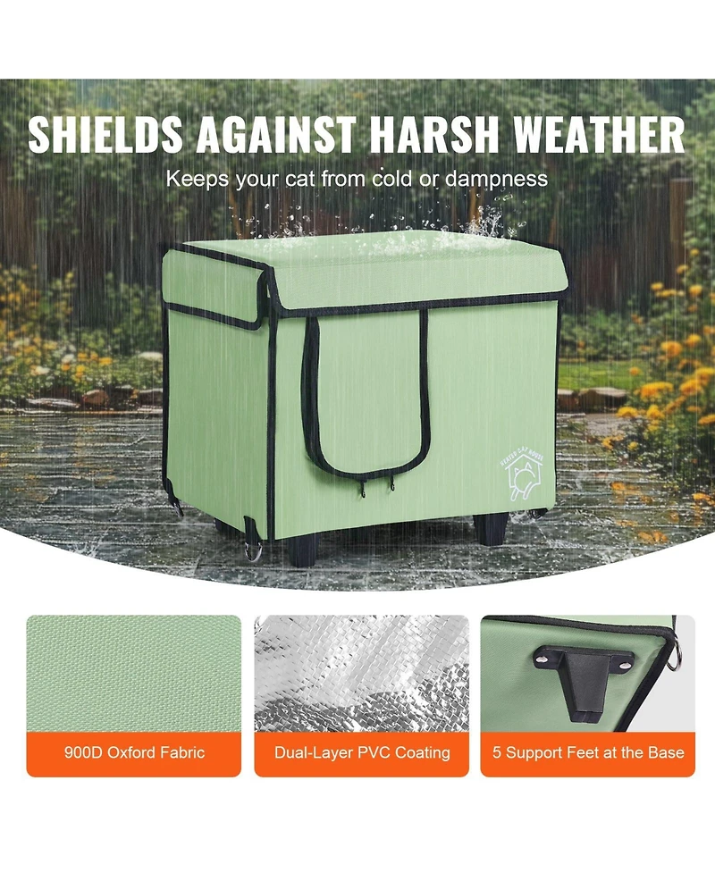 Mecale Elevated Heated Cat House with Timer, Adjustable Temperature, 900D Oxford Cloth Foldable Shelter with Heated Pad, Green, Small