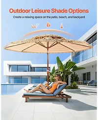 Mecale 9 ft Tiki Patio Umbrella with Tilt, 2-Tier Thatched Hawaiian Style Beach Parasol with Pp Thatch and 8 Metal Ribs