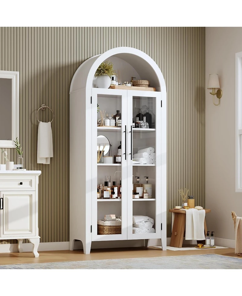 gaomon Arched Kitchen Pantry Cabinet, 5-Tier Open Shelf with Glass Doors, Farmhouse Storage for Kitchen & Dining
