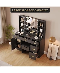 gaomon Farmhouse Vanity Set with Lighted Mirror,56 Inch Modern Makeup Vanity with Charging Station&Storage Shelves