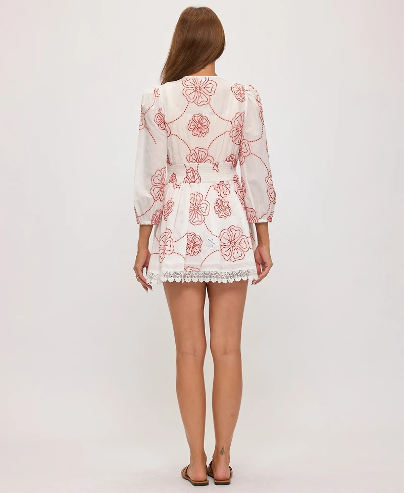 Dotti Women's V-Neck Smocked Waist Embroidered Swim Cover-Up Dress