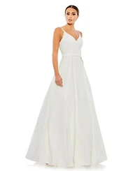 Mac Duggal Petite V-Neck Ball Gown with Belted A-Line Skirt