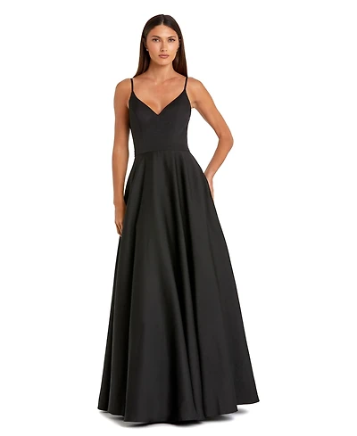 Mac Duggal Petite V-Neck Ball Gown with Belted A-Line Skirt