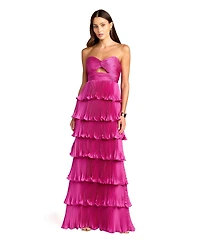 Mac Duggal Women's Petite Pleated Charmeuse Strapless Tiered Ruffle Gown