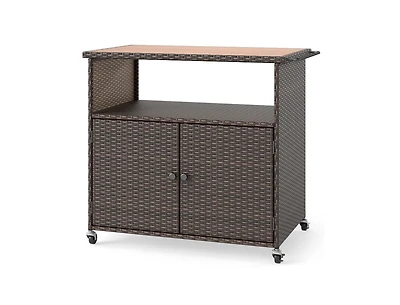 Slickblue Patio Storage Cabinet with Acacia Wood Top and Rolling Wheels