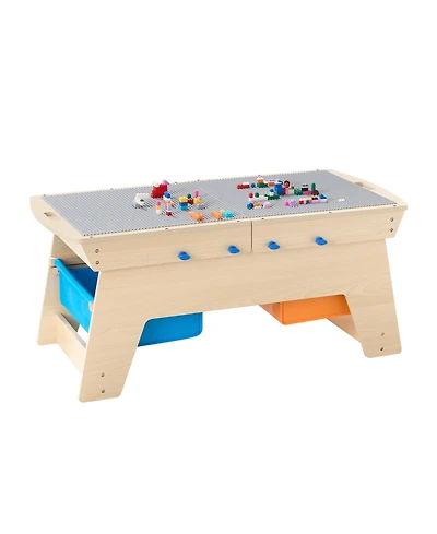 Mecale Kids Reversible Wooden Activity Table w/ 200 Bricks & 3 Storage Bins, Ages 3+
