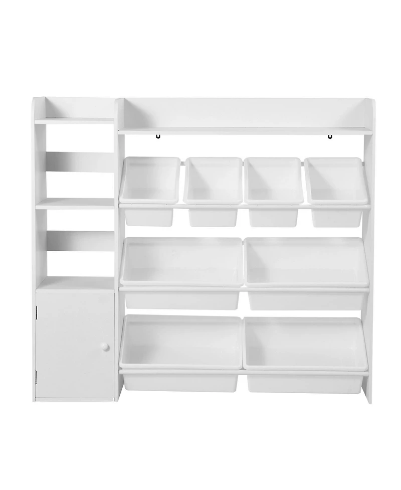 Mecale Kids Toy Storage Organizer with Bookshelf, 4-Tier Cubby Cabinet with 8 Flexible Plastic Bins, Toy & Book Storage, White