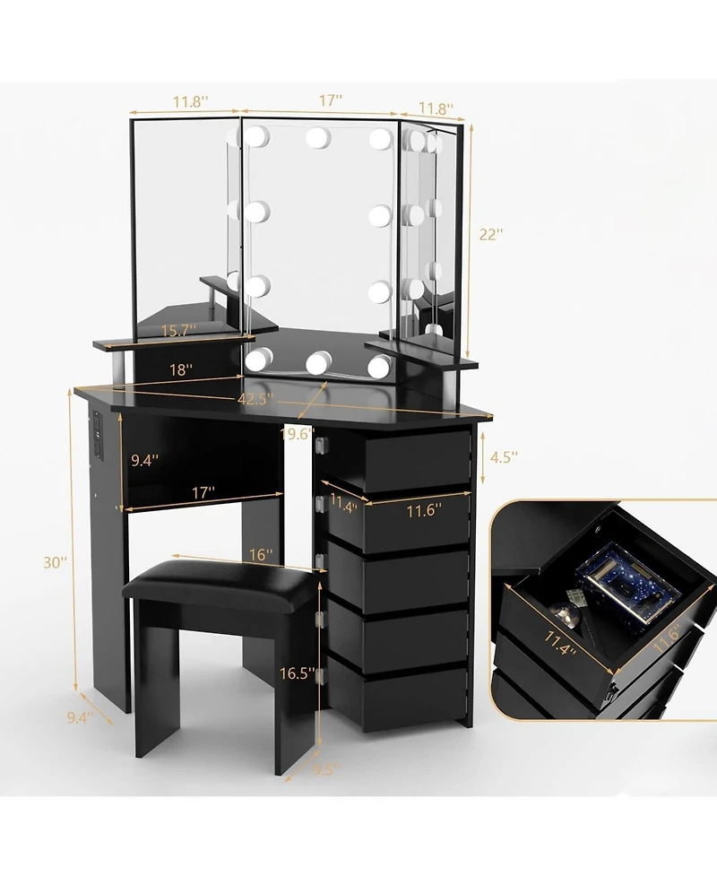 gaomon Farmhouse Vanity Desk with Mirror and Lights,Modern Makeup Vanity with Charging Station