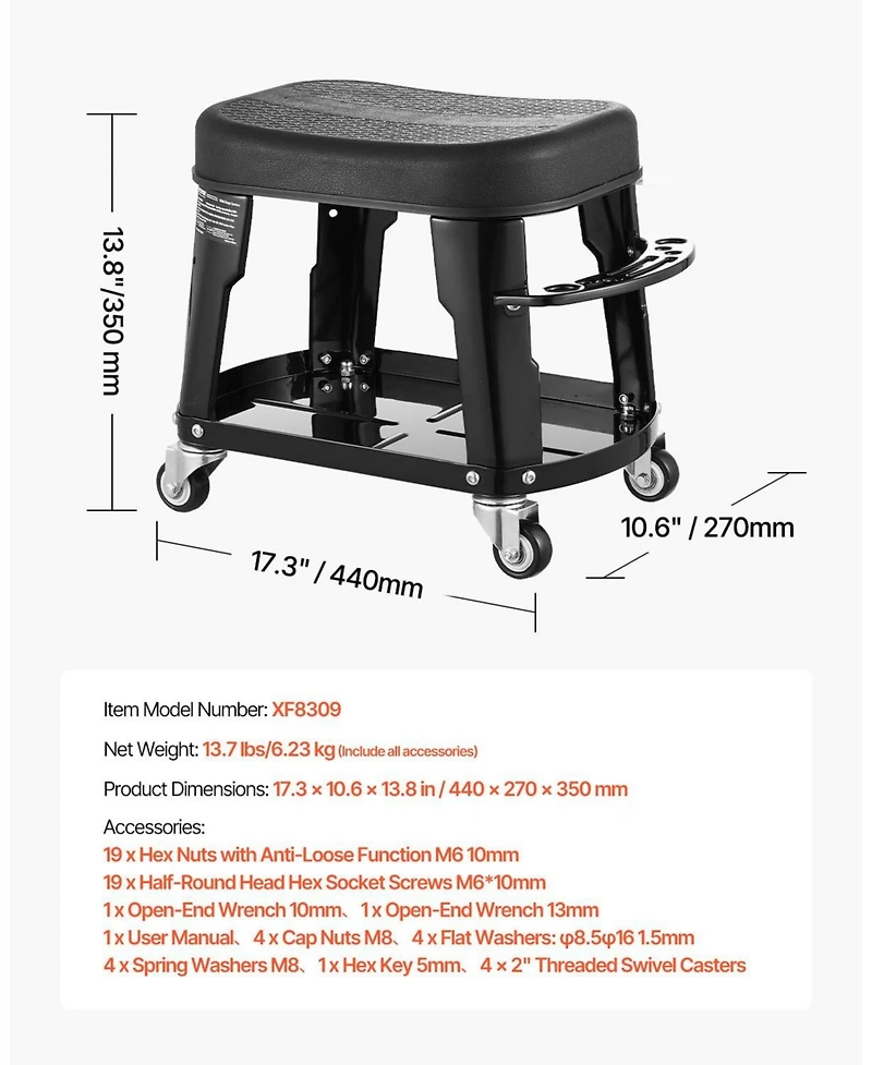 Mecale Mechanic Stool with Wheels, 300 lb Capacity, 360° Swivel Garage Work Stool with Tool Tray & Screwdriver Rack, Heavy-Duty