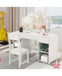 gaomon Kids Vanity Set with Mirror, 2-in-1 Wooden Toddler Vanity Table with Stool, Tri-Folding Mirror & Drawer, Removable Top