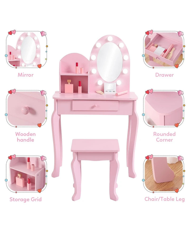 gaomon Girls' Vanity Set with Light and Mirror, Makeup Table Stool for Kids, Wood Dressup Playset 4-9