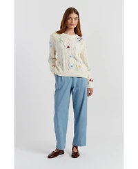 Chinti & Parker Women's Hand-Embroidered Floral Cotton Sweater