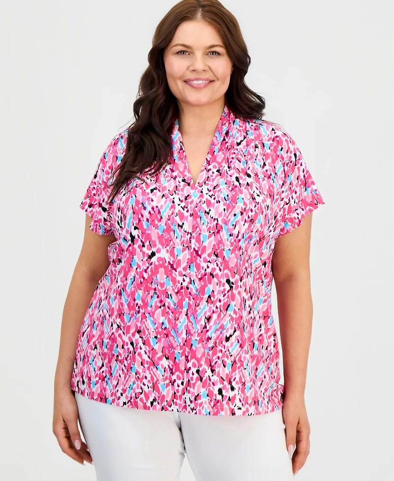 Kasper Plus Printed V-Neck Short-Sleeve Blouse