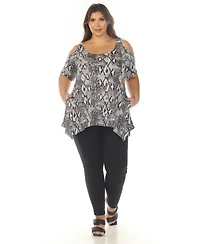 White Mark Plus Cold Shoulder Snake Print Swing Top