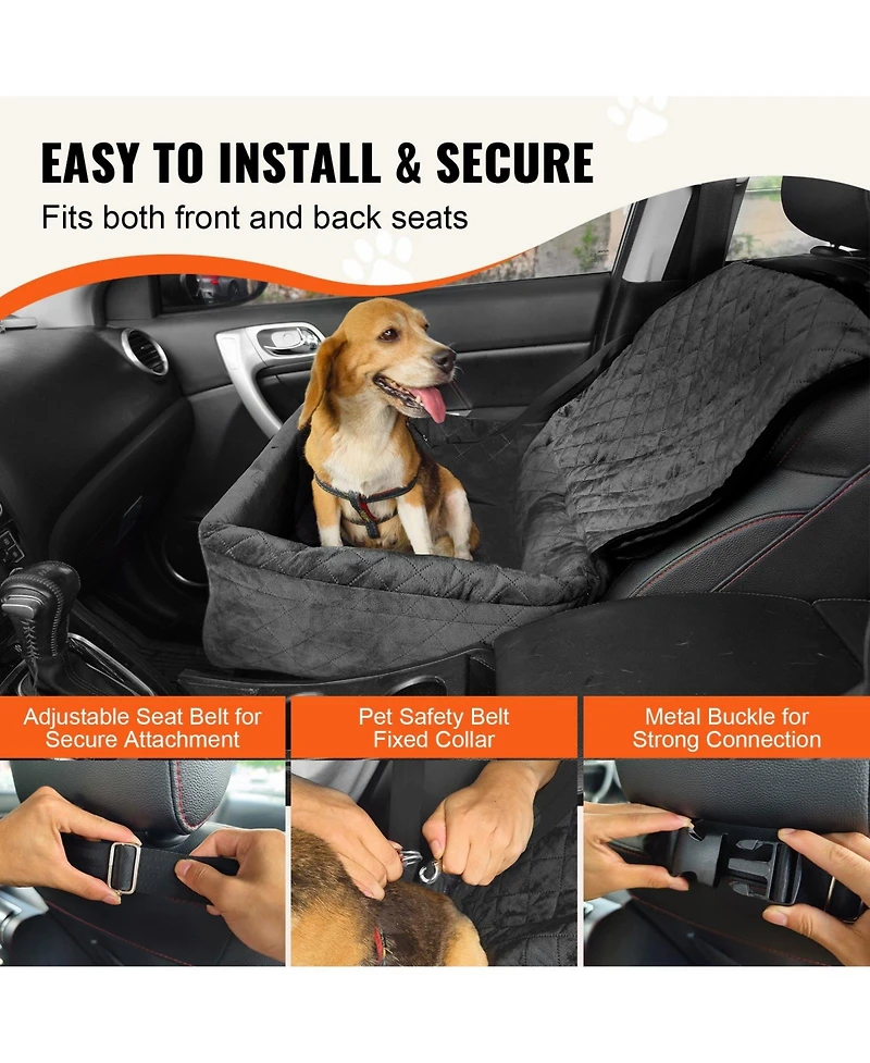 Cozito Dog Car Booster Seat w/ Storage Pocket & Safety Leash, Sponge + Pp Cotton Fill, Dog Car Bed for Small/Medium Dogs up to 40 lb