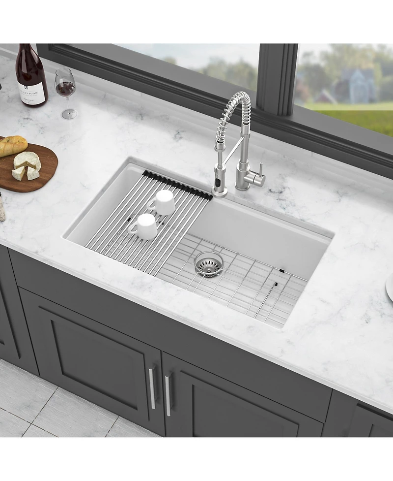 flynama 33x19x9.65inch White Quartz Composite Kitchen Sink Workstation Undermount Granite