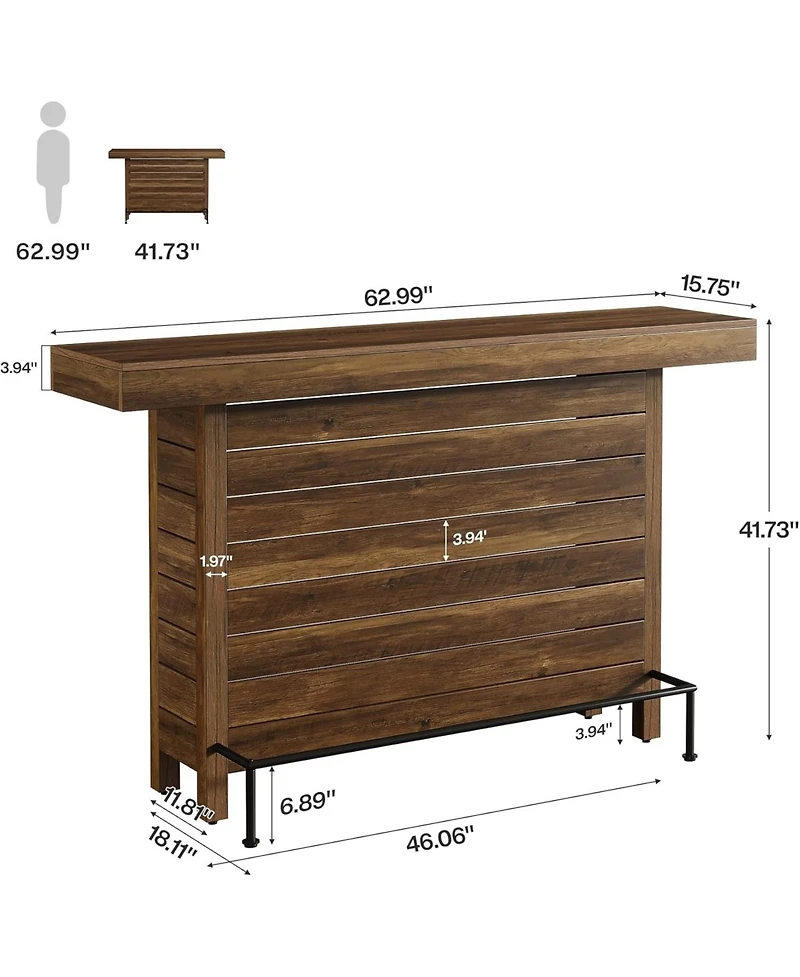 Tribesigns Industrial 3-Tier Bar Table, 63" Wooden Rectangular Home Bar Unite, Modern Counter Height Pub Table with Storage Shelves and Metal Footrest