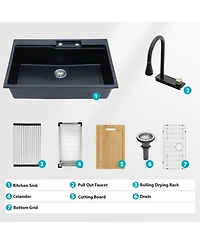 flynama 33x22x10inch Black Composite Granite Quartz Drop In Single Bowl Workstation Waterfall Kitchen Sink with Pull Out Faucet