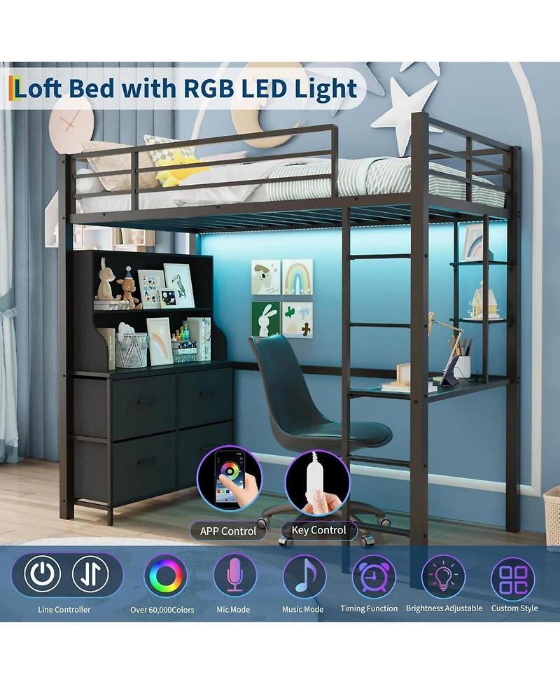 gaomon Twin Loft Bed with Desk, 4 Large Fabric Drawers and Open Shelves, Heavy Duty Metal Led Lights