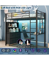 gaomon Twin Loft Bed with Desk, 4 Large Fabric Drawers and Open Shelves, Heavy Duty Metal Led Lights