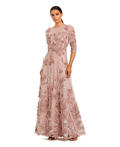 Mac Duggal Petite 3/4 Sleeve High Neck Embroidered A Line Gown