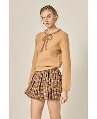 English Factory Women's Sheer Floral Bow Trim Sweater