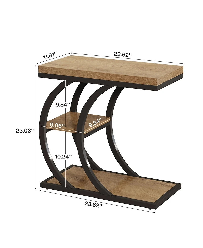 Tribesigns End Table for Living Room, 3-Tier Narrow Wood Couch C-Shaped Side Table with Storage, Industrial Nightstand