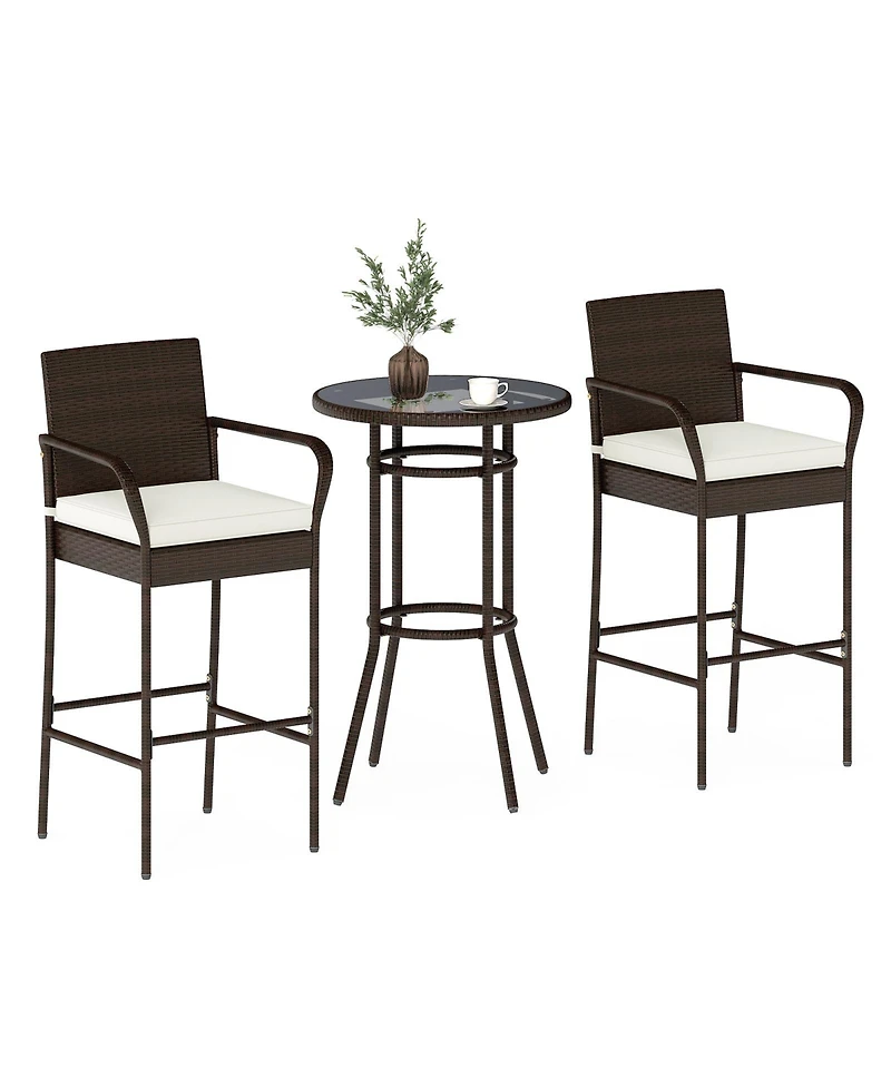 Slickblue Outdoor Rattan Bar Table Set with 2 Cushioned Chairs