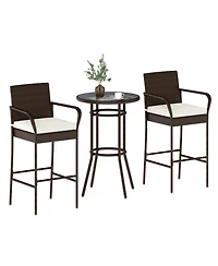 Slickblue Outdoor Rattan Bar Table Set with 2 Cushioned Chairs