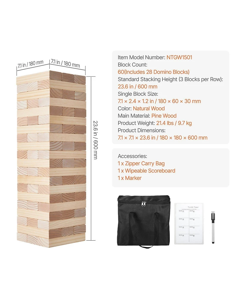 Hongge Giant Wooden Tumbling Tower Game with Domino Blocks and Storage Bag