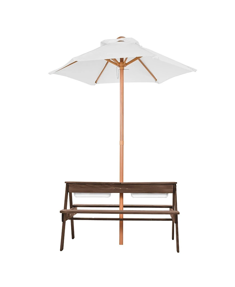 Mecale Kids Picnic Table with Umbrella, 3-in-1 Sand and Water Table, Wooden Table and Bench Set with 2 Trays, Seats 4