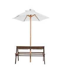 Mecale Kids Picnic Table with Umbrella, 3-in-1 Sand and Water Table, Wooden Table and Bench Set with 2 Trays, Seats 4