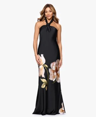 Betsy Adam Womens Printed Halter Neck Gown