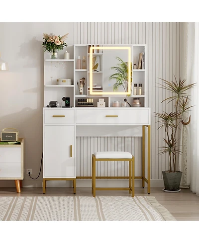 Gaomon Vanity Desk Lighted Mirror and Charging Station Makeup Vanity for Bedrooms, Apartments, Easy to Assemble